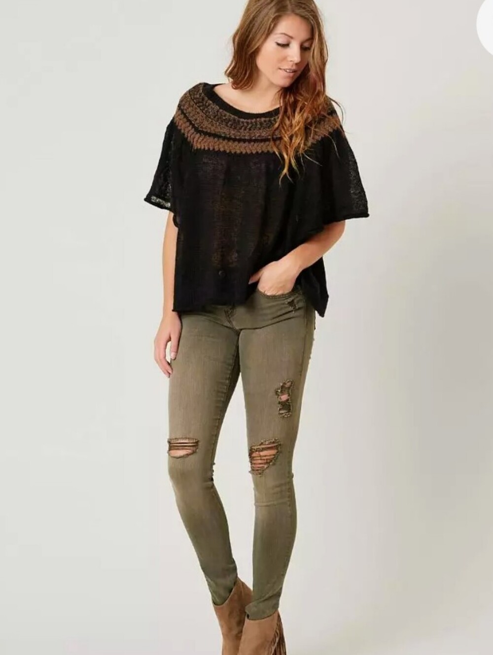 Free People Black Sweater with Brown Yoke Detail XS